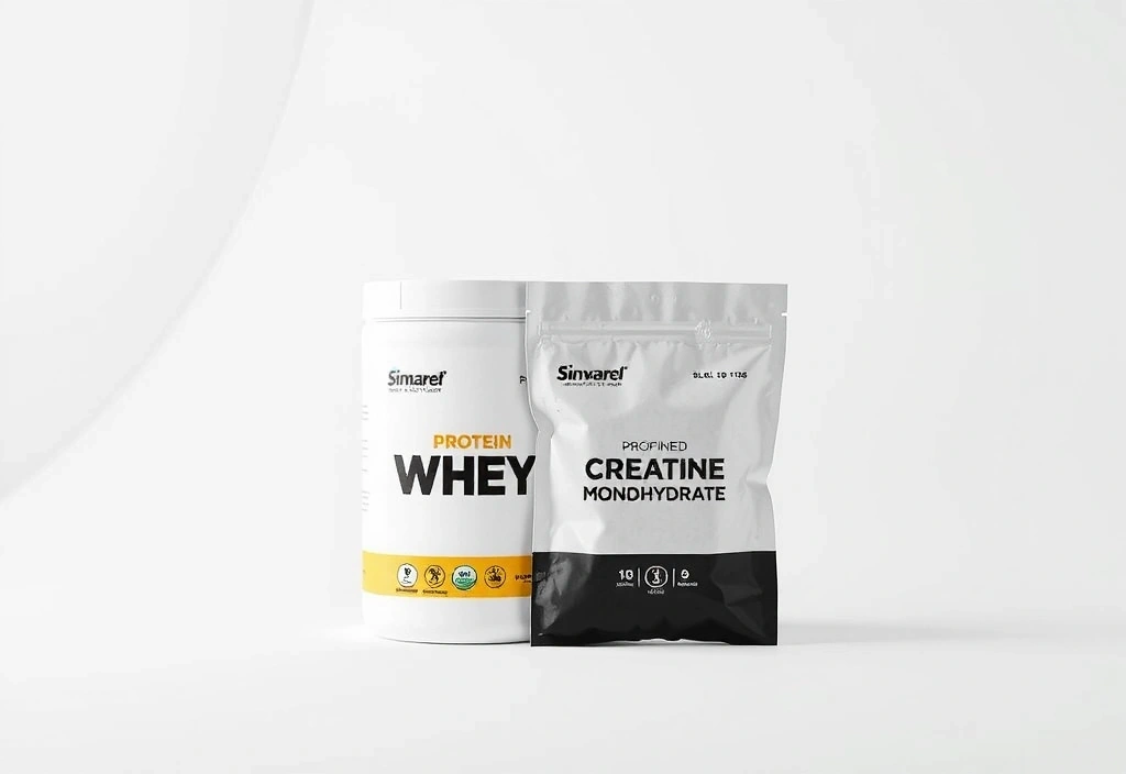 FitFuel Whey Protein und Kreatin in minimalistischer Präsentation